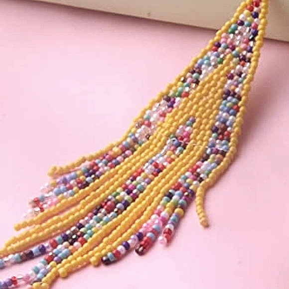Long 5" Multicolor Yellow Stripe Handmade Beaded Oversized Bohemian Earrings New - Picture 3 of 4
